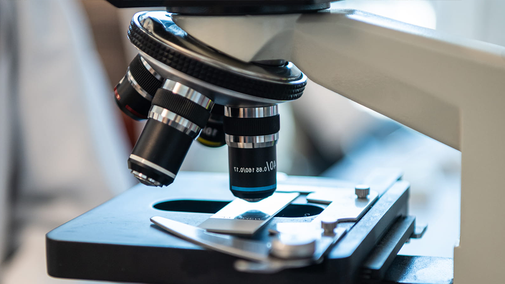 Closeup of a microscope examining samples